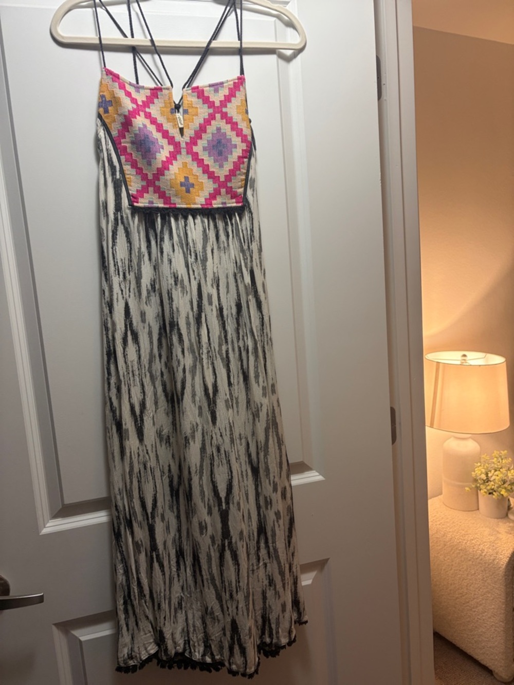 Rip Curl Black and White Maxi Dress with Pink Yellow Patterned Bodice